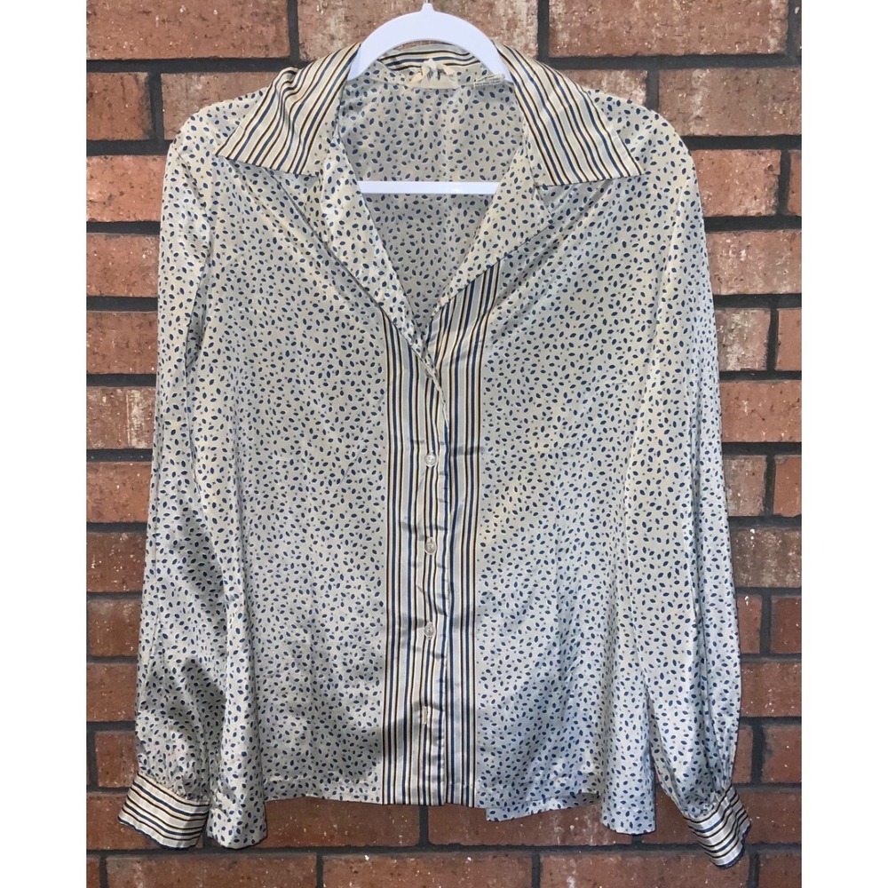Vintage Lady Manhattan Blouse Blue Leaf Print Striped Trim Button Down Cream L